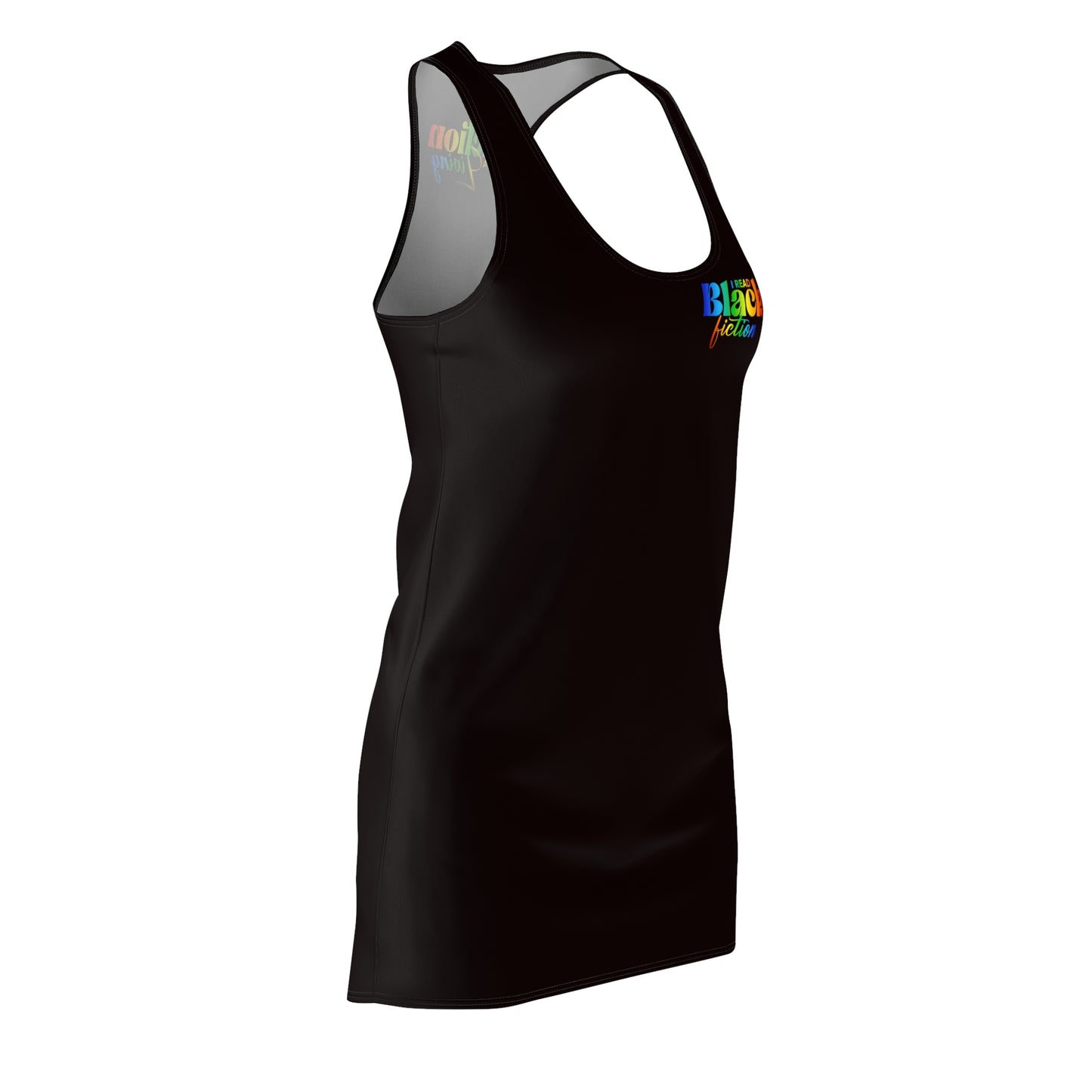 "I Read Black Fiction" Racerback Dress — 'Black' Colorful Pride Graphic