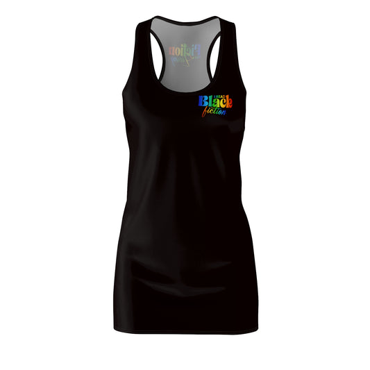 "I Read Black Fiction" Racerback Dress — 'Black' Colorful Pride Graphic